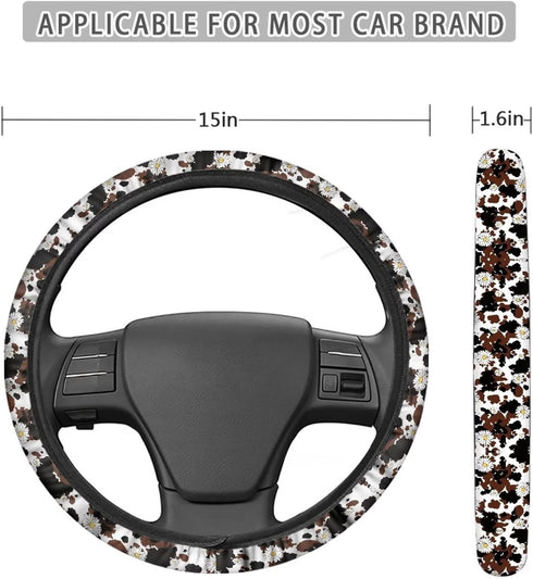 Car Steering Wheel Cover Brown Cow Floral Anti Slip Steering Wheel Protector for Car 14.5-15 inch, Non Slip Breathable Odorless Car Accessories, B...
