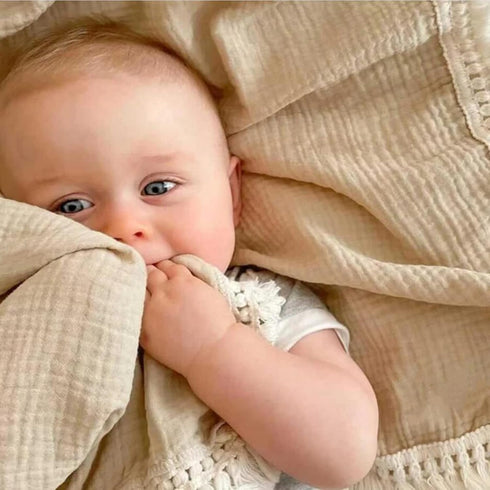 insular Cotton Muslin Baby Blanket with Tassel, Boho Bohemian Muslin Swaddle Blanket Baby Receiving Blanket with Fringe, Nursery Decor Throw or Nu...