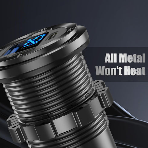 12V USB Car Socket Round USB C 12V Outlet, 3-Port Marine USB Fast Charger Waterproof Cigarette Outlet USB Replacement Aluminum with Switch & Voltm...