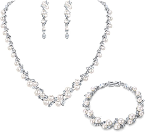 EVER FAITH Simulated Pearl Crystal Bridal Necklace Earrings Bracelet Set Clear...