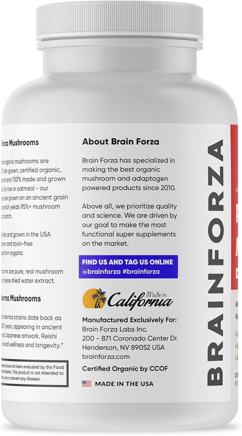 Brain Forza Organic Red Reishi Mushroom Capsules, Adaptogenic Mushroom Powered Immune Support, Heart and Cardiovascular Health, General Wellness a...