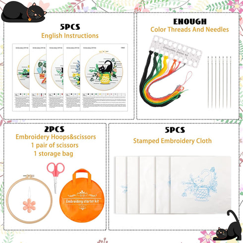 5 Sets Embroidery Starter Kit with Black Cat Patterns and Instructions, DIY Adult Beginner Cross Stitch Embroidery Kits, Including 2 Plastic Embro...