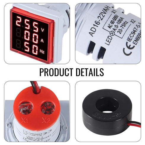 3pcs 3 in 1 60-500V 0-100A AC Digital Ammeter Voltmeter, 22mm Square Digital Tube Screen with Transformer, LED Display Voltage Detector Current Te...