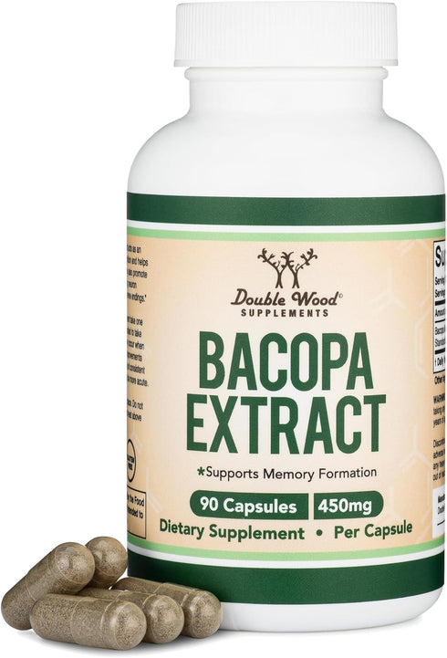 Bacopa Monnieri Capsules 20% Bacosides 450mg, 90 Count (Non-GMO, Gluten Free) Brahmi Extract (Memory Supplement for Brain Health, Focus, and Cogni...