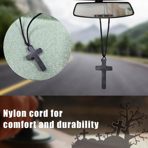 Natural Wooden Cross Pendant Necklaces, Adjustable Handcrafted Wooden Car Rearview Mirror Pendant, Universal Vehicle Rear View Mirror Decoration f...
