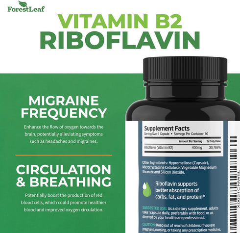 ForestLeaf Vitamin B2 Riboflavin 400mg - Energy, Skin & Cellular Health Supplement - Nervous System Support - Vitamin B 2 VIT B - Non-GMO & Gluten...