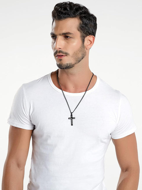 Inspirational Bible Verse Cross Necklace for Men Boys, Stainless Steel Plain Black Silver Cross Pendant Necklace for Men 20-24 Inches Curb Chain F...