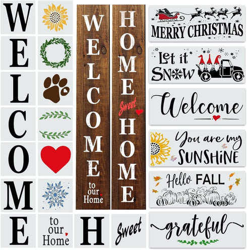 22PCS Large Letter Welcome Stencils for Painting on Wood - Farmhouse Christmas Stencils for Crafts Reusable for Canvas, Fabric, Walls, Porch Sign ...
