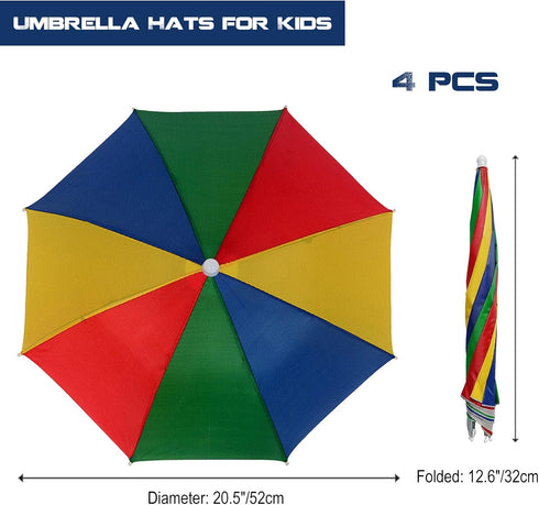 4 Pack Umbrella Hats, 20.5" Hands-Free Head Umbrella Hats for Kids, Folding Waterproof Umbrella Cap With Head Strap for Outdoor Party Fishing Sun ...