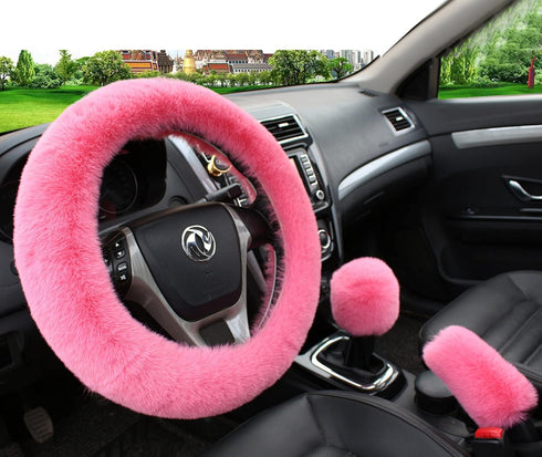 Pinbola 6pcs/Set Soft Fluffy Faux Wool Steering Wheel Cover & Seatbelt Shoulder Pads & Handbrake Cover & Gear Shift Cover Winter Warm Universal Fi...