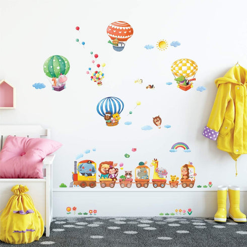 DECOWALL DA4-1406 Animal Train and Hot Air Balloons Kids Wall Stickers Wall Decals Peel and Stick Removable Wall Stickers for Kids Nursery Bedroom...