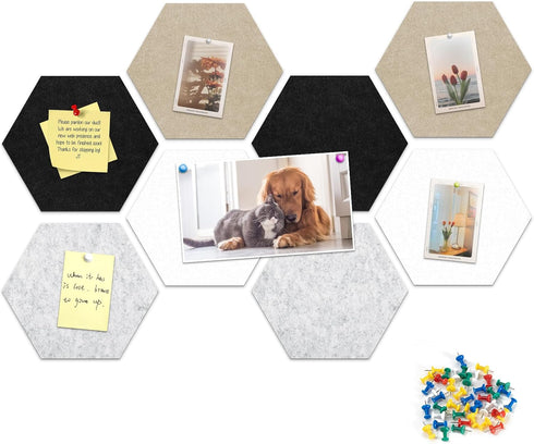 12" Large Bulletin Board with 30 Push Pins, Pack of 8 Hexagon Felt Pin Board Notice Boards for Home Office Kitchen, Felt Wall Tiles for Photos Mem...