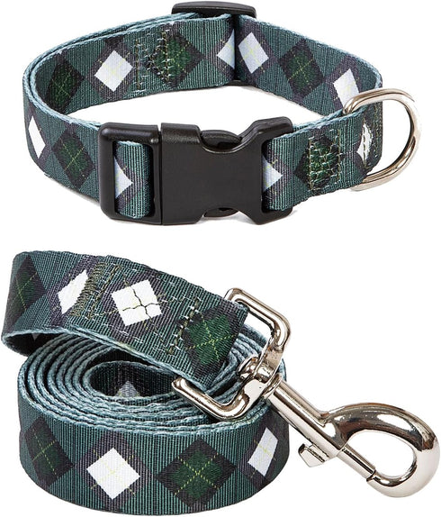 2PCS Dog Plaid Collars and Funny Leash Set Pet Gift Adjustable Dogs Green Checks Collars for Small to Large Pets (Medium)...
