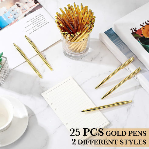 25 Pack Gold Pens Bulk Gold Metallic Pens Slim Ballpoint Pens Retractable Christmas Ballpoint Pen with Black Ink Metal Pens Mini Conical Pens for ...