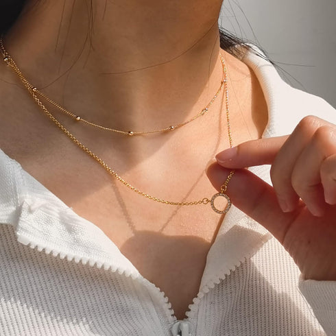 Cowlyn Dainty Layered Necklace Sparkle CZ Circle Pendant Handmade 14k Gold Plated Chain Multilayer Satellite Bead Choker Simple Cute Jewelry Etern...