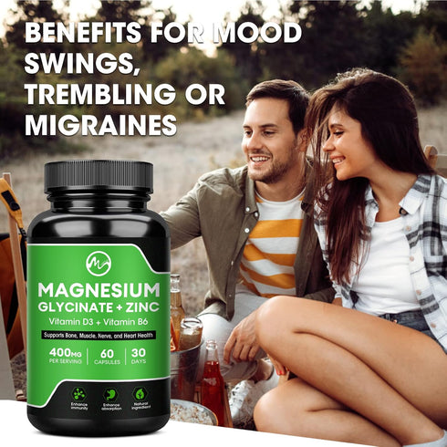 (2 Pack) Magnesium Glycinate Capsules, Magnesium Supplement 400mg with Zinc,Vitamin D3 & B6 - Highly Bioavailable and Absorption - Bone,Heart,Join...