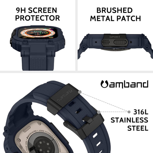 amBand Bands Case Screen Protector Compatible with Apple Watch Ultra 2/1 49mm, M1 Sport Series Rugged Cover Strap and 9H Tempered Glass Film, Prot...