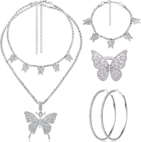 Bonuci 4 Pcs Butterfly Jewelry Set Butterfly Pendant Necklace Hoop Earrings Bracelet Ring Necklace Set for Women(Silver)...