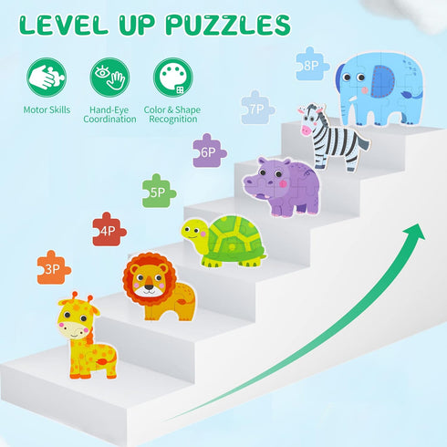 FLYINGSEEDS 6 Packs Safari Animals Shaped Wooden Jigsaw Puzzles for Toddlers Ages 1-3, Level-up Puzzles for Beginner, Montessori Learning Toys Pre...