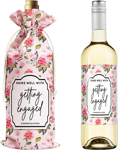 Wine Bag with 2 Wine Bottle Labels Sticker, Reusable Burlap Wine Bags for Wine Bottles Stuff,Party Decorations-Engaged Wine Bag-Rose Decor...