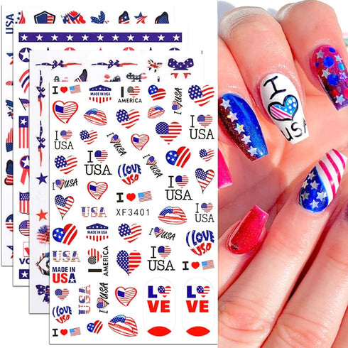4th of July Nail Art Stickers Decals, American Flag Patriotic Independence Day 3D Nail Stickers Nail Supply USA Flags Heart Star Design Nail Decal...