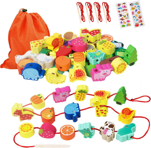 Montessori Educational Wooden Lacing Beads Toys for Toddler 3 4 5 Year Old, Farm Animals Fruits Vegetables Threading Toys Preschool Stringing Fine...