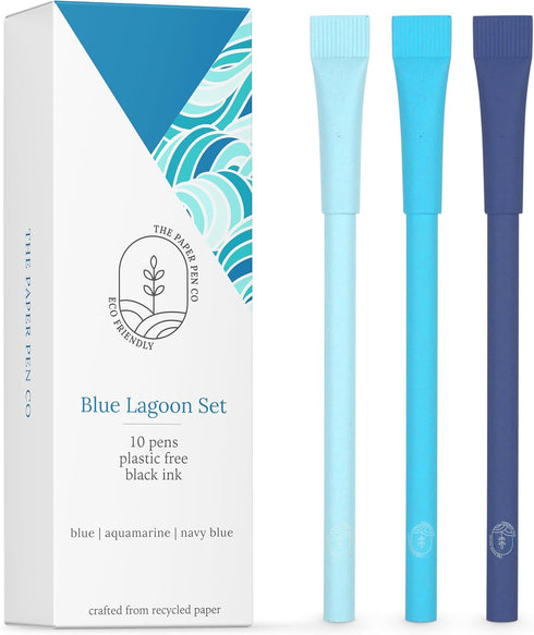 eco-friendly pen - crafted from 100% recycled paper, plastic-free, black Ink, pack of 10, Blue Lagoon set...