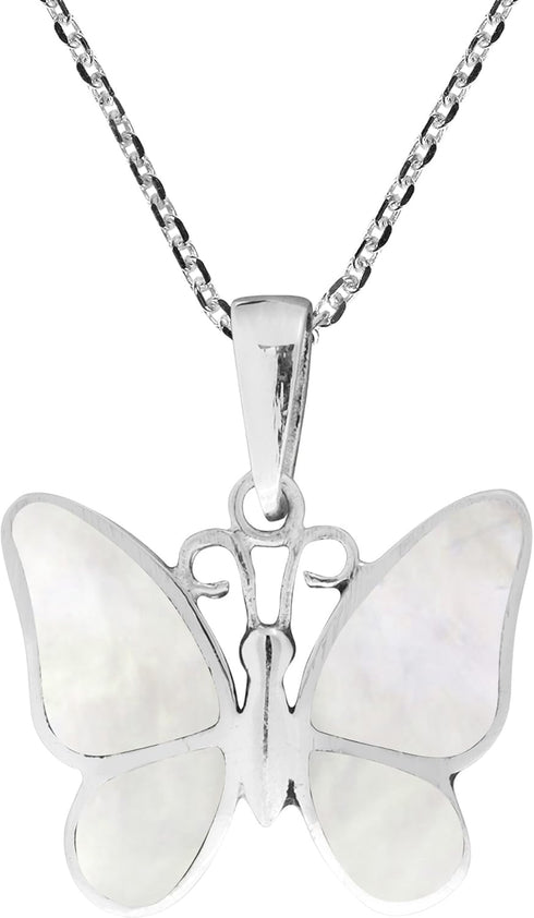 AeraVida Tropical Soul Butterfly Inlaid White Mother of Pearl .925 Sterling Silver Pendant Necklace | Butterfly Necklace | Mother of Pearl Butterf...