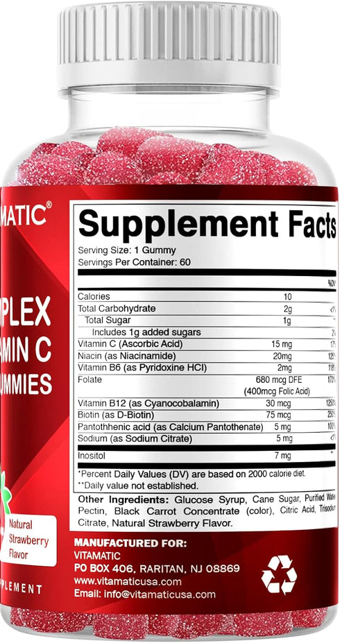 Vitamatic Vitamin B Complex Gummies with Vitamin C & Inositol - Natural Strawberry Flavor - 60 Gummies (1 Bottle)...