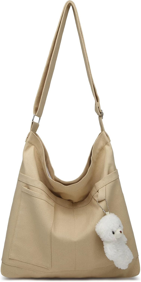 Covelin Womens Canvas Bag with Bear Pendant Crossbody Purse Top Zip Shoulder Handbag...