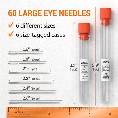 VONEEDL 60 PCS Large Eye Sharp Needles - Easy to Thread Big Eye Sewing Needles, Embroidery Needles (6 Sizes)...