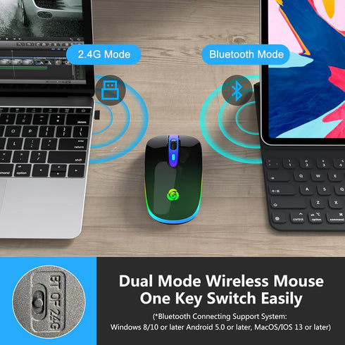 HOTLIFE Wireless Bluetooth Mouse, LED Rechargeable Slient Mouse with Dual Modes (Bluetooth 5.1+USB C/Type-c) 2.4GHz Computer Bluetooth Mouse for L...