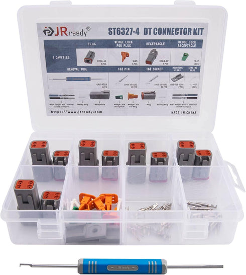 JRready ST6327-4 Deutsch 4 Pin DT Connector Kit, Gray Waterproof DT Connector 4 Pin(5 Pairs), Size 16 Stamped Contacts for Truck, Motorcycle, Off-...