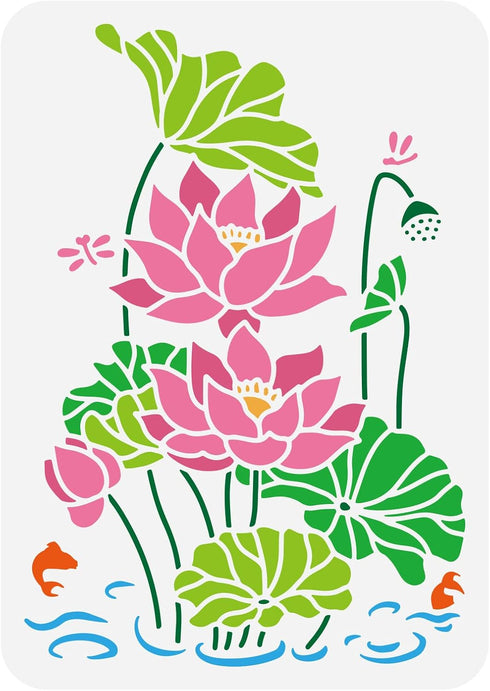 FINGERINSPIRE Lotus Water Lily Painting Stencil 11.7x8.3 inch Hollow Out Lotus Flower Bud Leaf Craft Stencil Fish Dragonfly Drawing Stencil Pond S...