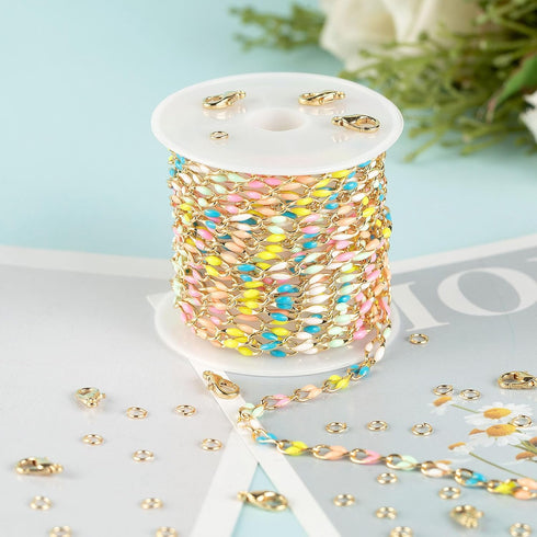Mixed Color Enamel Cable Rolo Chains Bulk Oil Drip Rainbow Necklace Bracelet DIY Jewelry Making Supplies Gold Plated Brass Chain Roll...