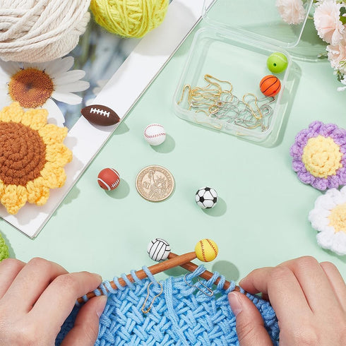NBEADS 8 Pcs 8 Styles Knitting Needle Stoppers, 20 Pcs Iron Kilt Pin Stitch Markers Sports Ball Needle Point Protectors with a Storage Box Knittin...