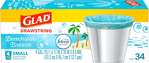 Glad Trash Bags, OdorShield Small Drawstring Garbage Bags - Febreze Beachside Breeze - 4 Gallon - 34 Count...
