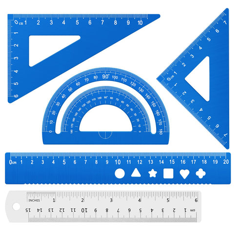 Triangular Ruler Set, 4+1Pieces Aluminum Alloy Ruler, Metal Drafting Ruler, Geometric Protractor for Student, School Office Supplies (Sky blue, 20...