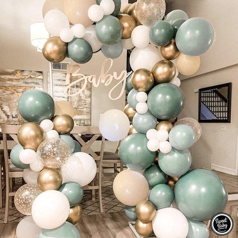 Sweet Baby Co. Sage Green Balloon Garland Arch Kit with Eucalyptus Olive, Peach, White, Gold Balloons and Greenery for Forest Safari Jungle Tropic...