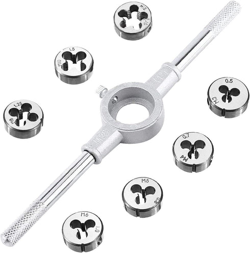 JONMON 8 Pcs Metric Die Set - Screw Die & Adjustable Wrench Holder with M3-M12 Dies Threading and Rethreading Cutting External Thread Processing T...