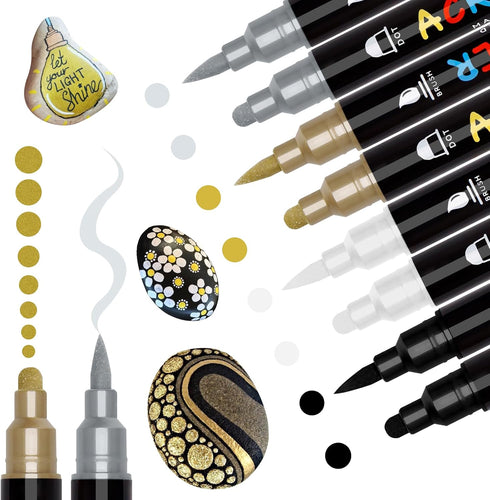 Black White Silver Gold Paint Marker, 8 Pack Dual Tip Acrylic Paint Pens with Medium Tip and Brush Tip, Ideal for Wood, Rock Painting, Canvas, Sto...