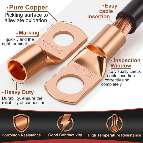 200pcs Battery Cable Ends, Copper Wire Lugs AWG 2 4 6 8 10 Gauge - 100Pcs Battery Cable Lugs Ring Terminal Connectors with 100Pcs Heat Shrink Asso...