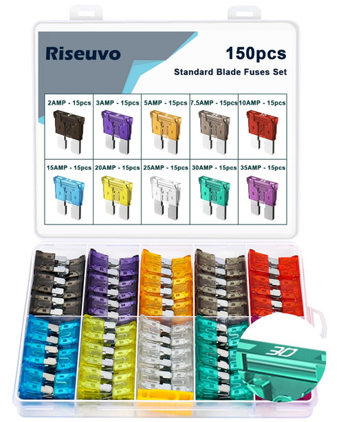 Riseuvo 150 Pcs Standard Automotive Fuse Kit - Car Auto ATO Blade Fuses Assortment Kit for Vehicle, Truck, RV, Boat with Fuse Puller (2A 3A 5A 7.5...