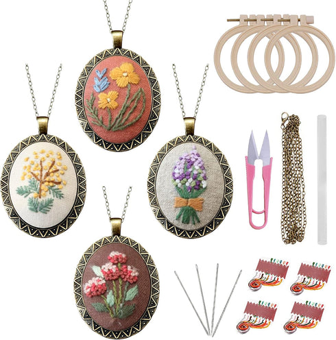 ZOCONE 4 Packs Embroidery Necklace Kit, Embroidery Pendant Kit Mini Cross Stitch Kit with 4 Hoops, Necklace, Pendant, Stamped Pattern Cloth, Instr...
