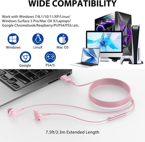USB Headphone for PC Laptop Magnetic 2.3M Wired Earbuds Computer Headset with Microphone Control Mute Mic Noise Canceling in-Ear Eartips Corded Ea...