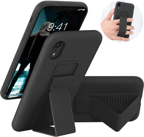LAUDTEC Silicone Kickstand Case Compatible with iPhone XR case Vertical and Horizontal Stand Hand Strap Metal Kickstand, Flexible Soft Liquid Sili...