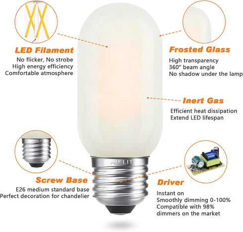 T45 Frosted LED Light Bulb 40 Watt Equivalent, 2700K Warm White, 4W Tubular T14 E26 LED Bulbs Dimmable for Ceiling Pendant Chandelier Lights Floor...