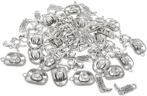 Honbay 60PCS Antique Silver Alloy Western Cowboy Charms Pendants Cowboy Boot Horse Hat Charms for Earrings Bracelet Necklace Jewelry Making (3 Sty...