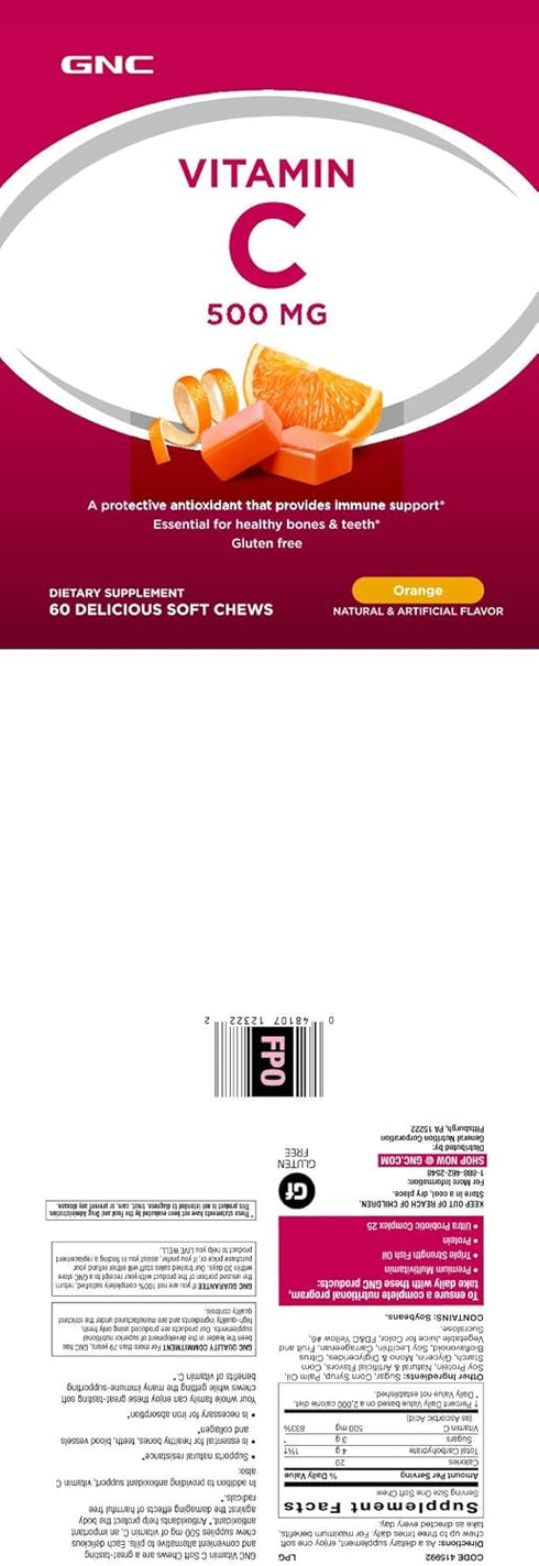 GNC Vitamin C Soft Chews 500mg, Orange, 60 Chews, Supports Natural Resistance...