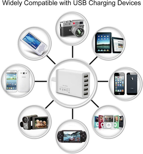 Desktop 5 Port USB Wall Charger 40W 8A, USB Hub Charging Station for Multiple Devices, Protable Multi Port USB Charger for Cell Phone, Tablet, And...